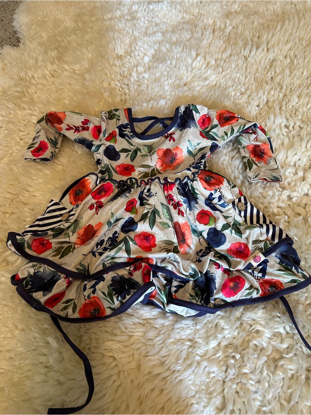 Cheeky Plum Cream Floral Long-Sleeve Dress with Red & Navy Accents